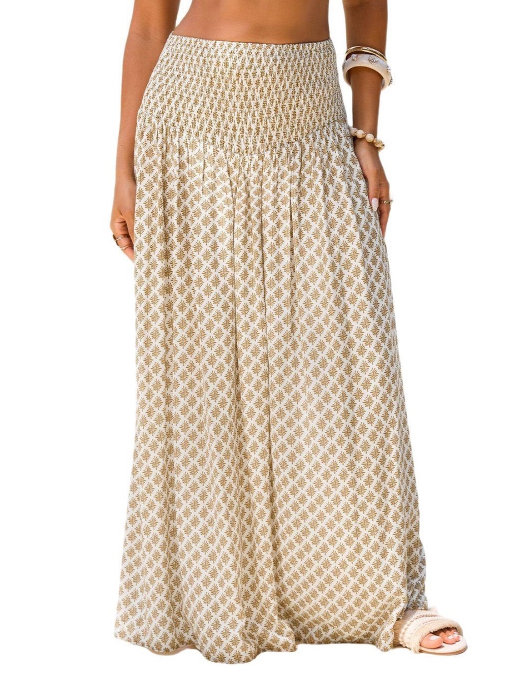 CUPSHE New Smocked Maxi Skirt Boho Flowy White Tan Pattern Large